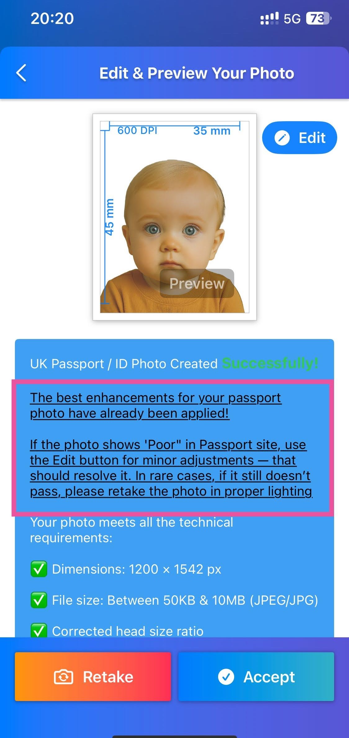 Passport Photo Go UK baby passport photo framing check on iPhone