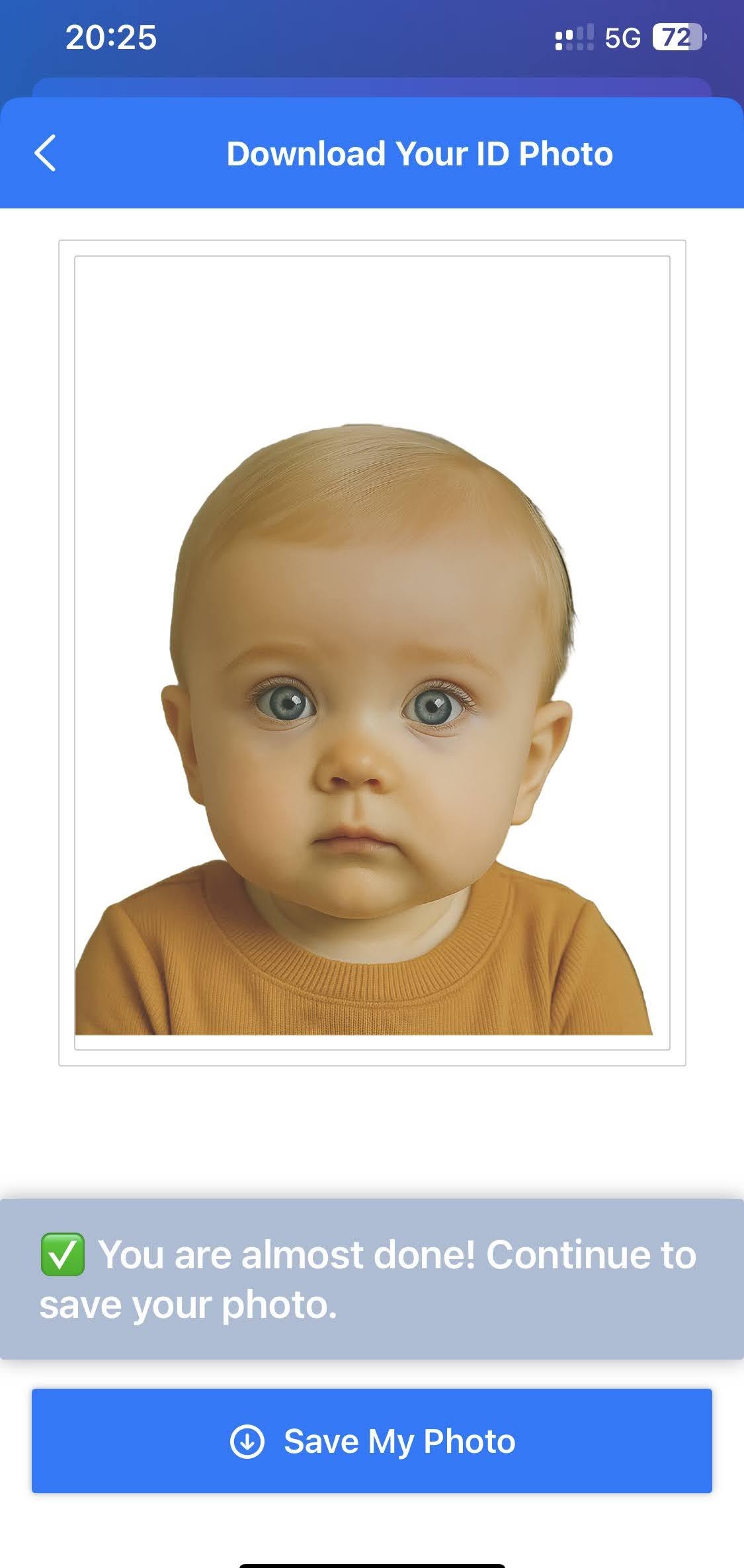 Passport Photo Go UK iPhone screen showing the download and save step