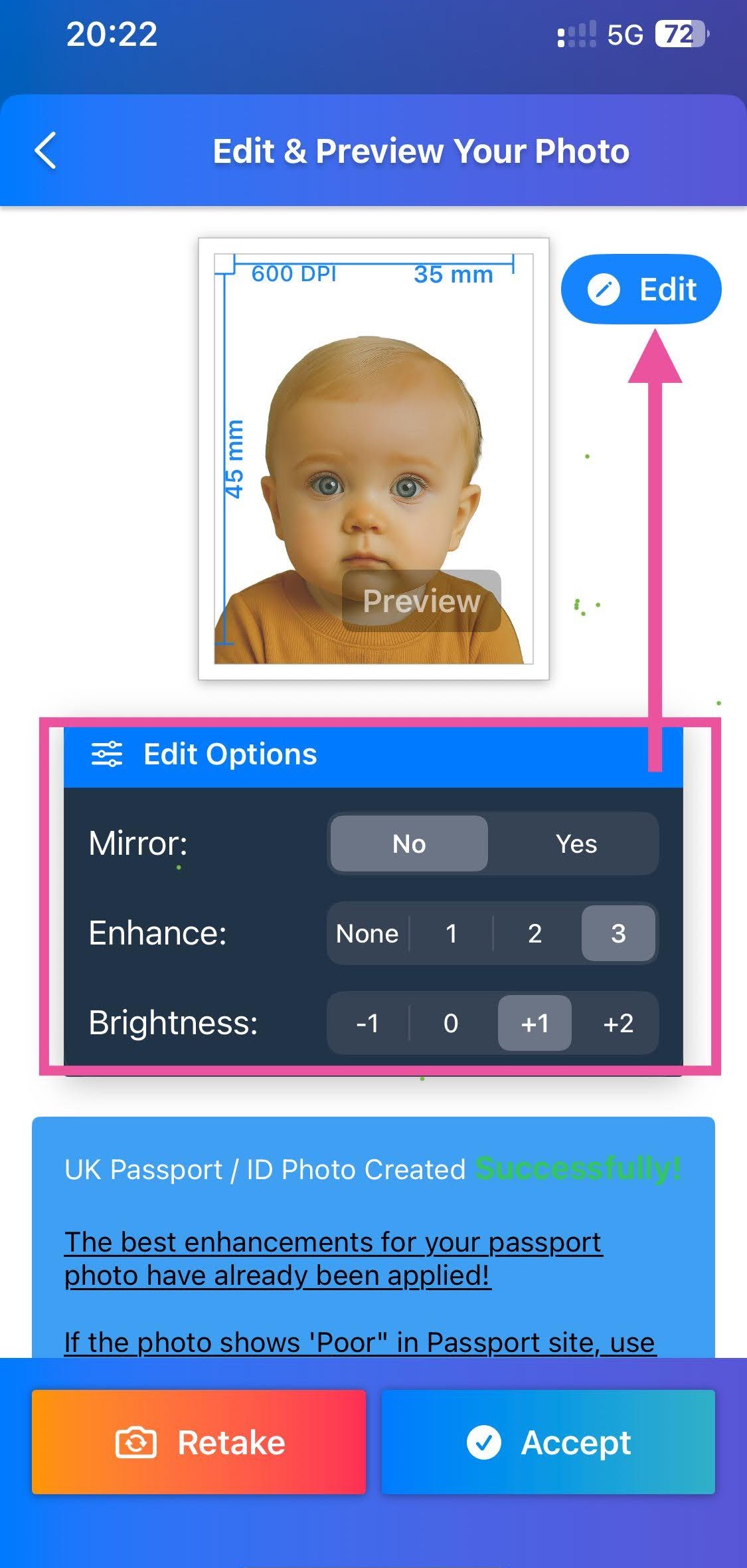 Passport Photo Go UK edit options screen for adjusting the photo