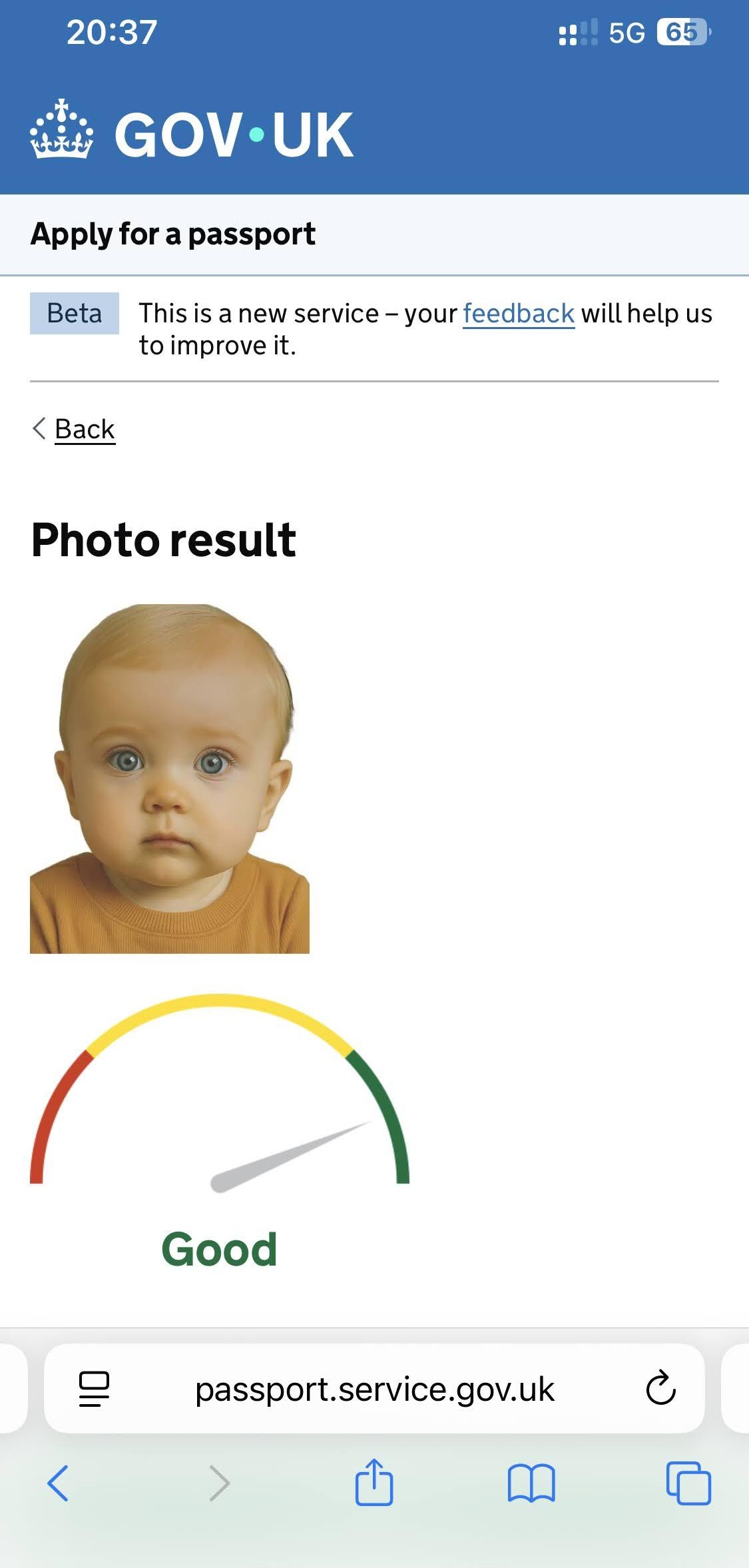 Passport Photo Go UK photo result screen with a baby passport photo preview
