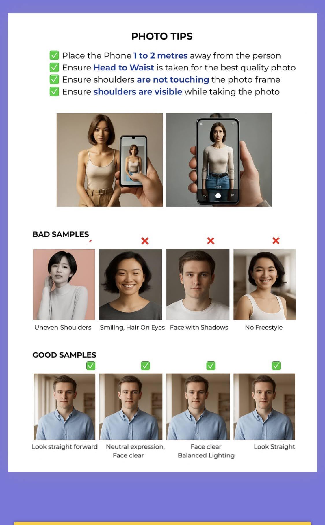 Photo tips graphic showing good and bad passport photo examples