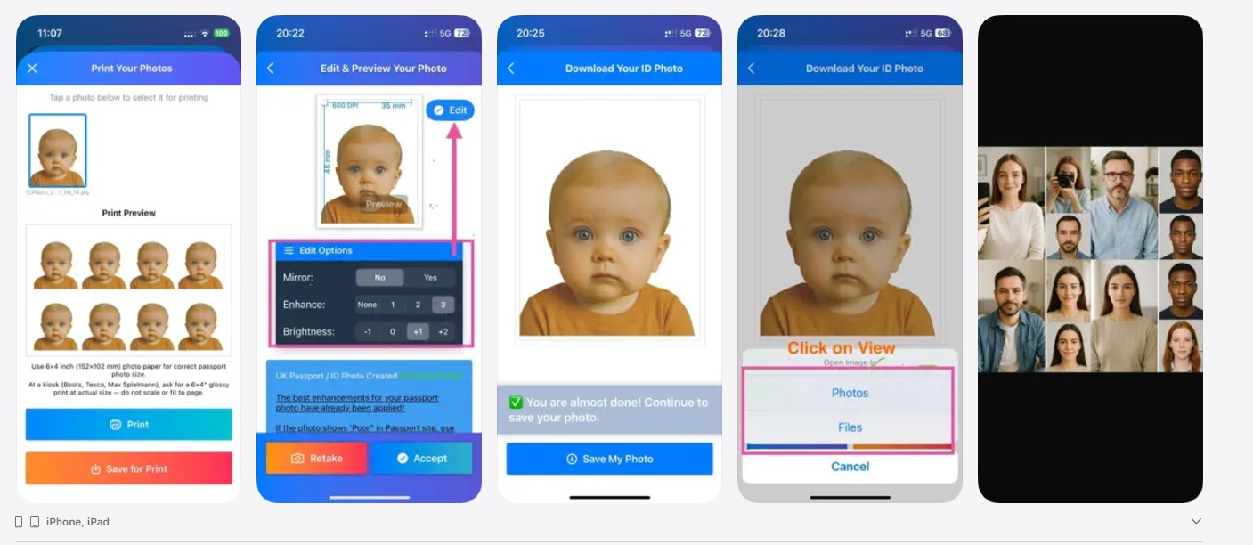 Passport photo tips guide showing good and bad sample photos