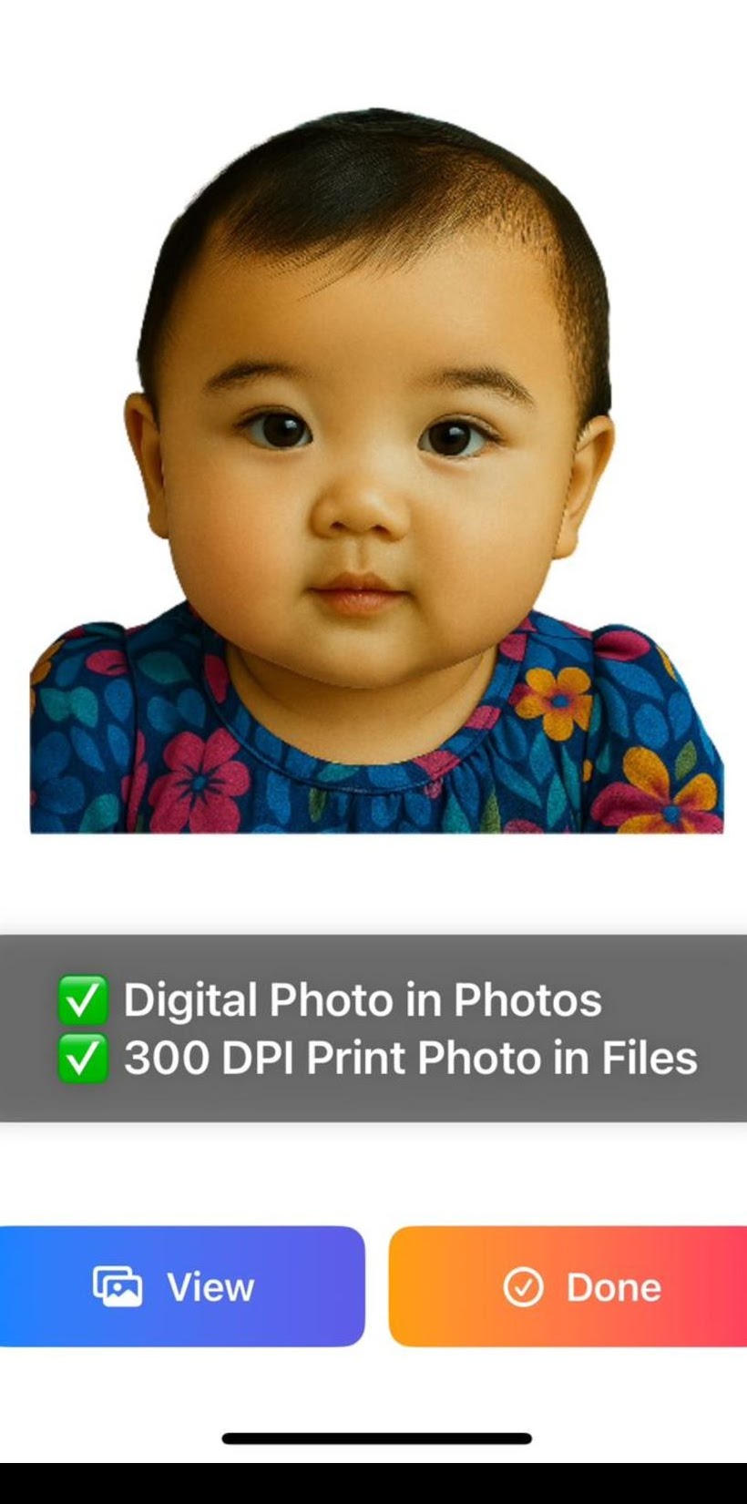 Baby passport photo example with white background and review text